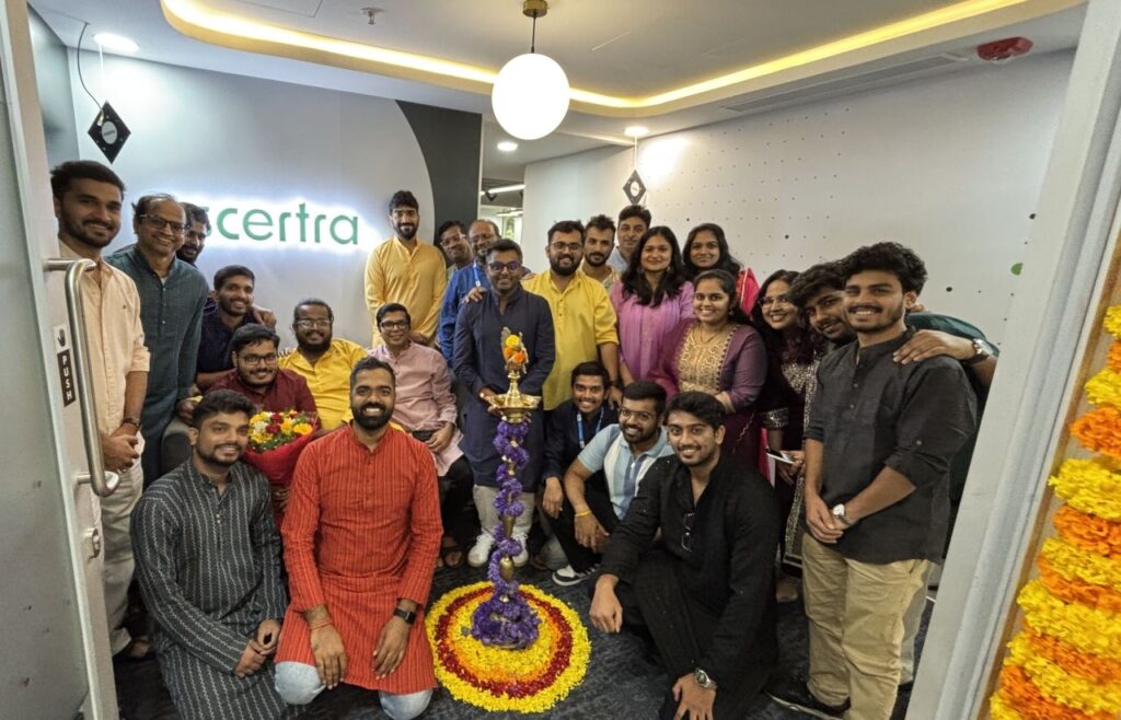 The Vela Technologies India team gathered at the entrance of the new Bengaluru office on inauguration day